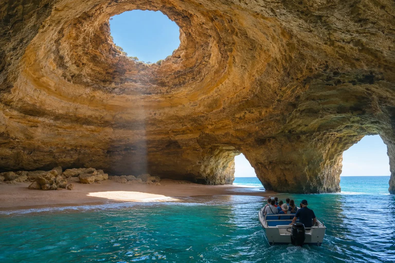 Inside the Benagil sea cave: daylight falls through the round opening onto the sand