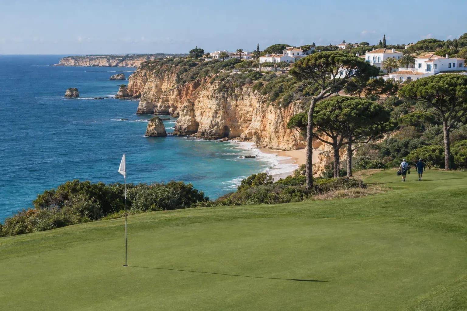 A cliff-top golf green above the Atlantic with umbrella pines