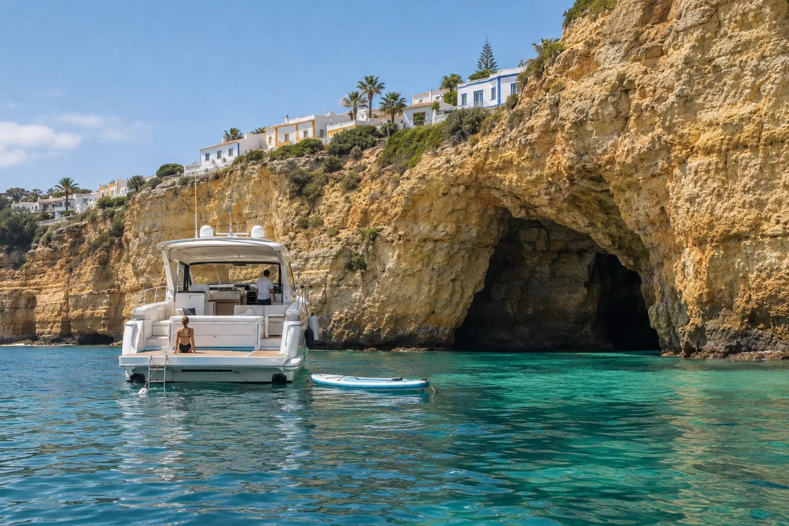 A white motor yacht at anchor beside a golden cliff with a sea cave